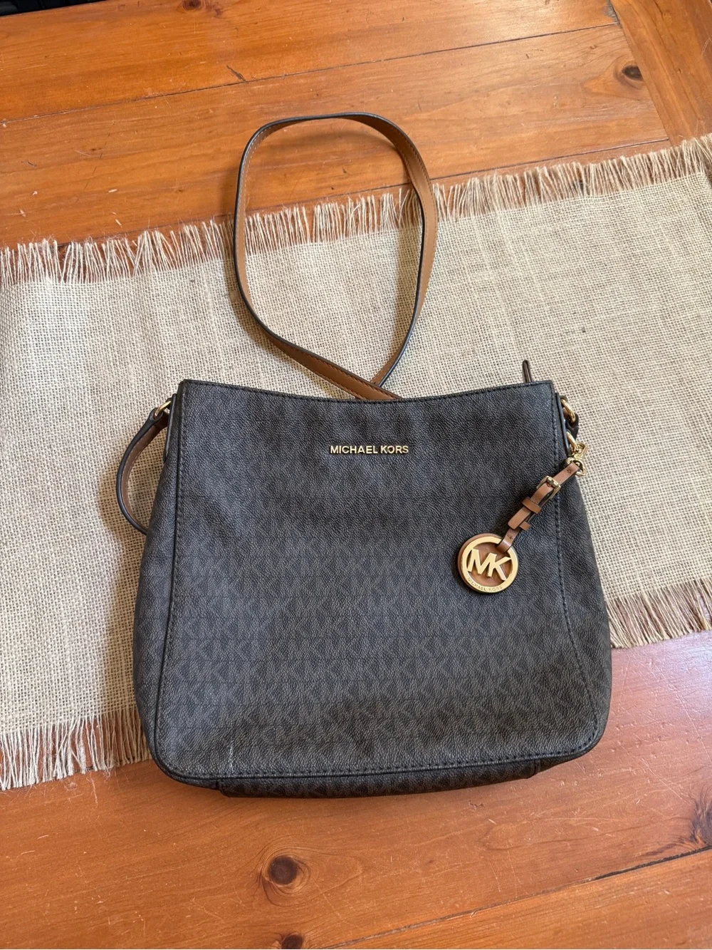 Michael Kors Dark Brown MK Logo Shoulder Bag with Gold Hardware